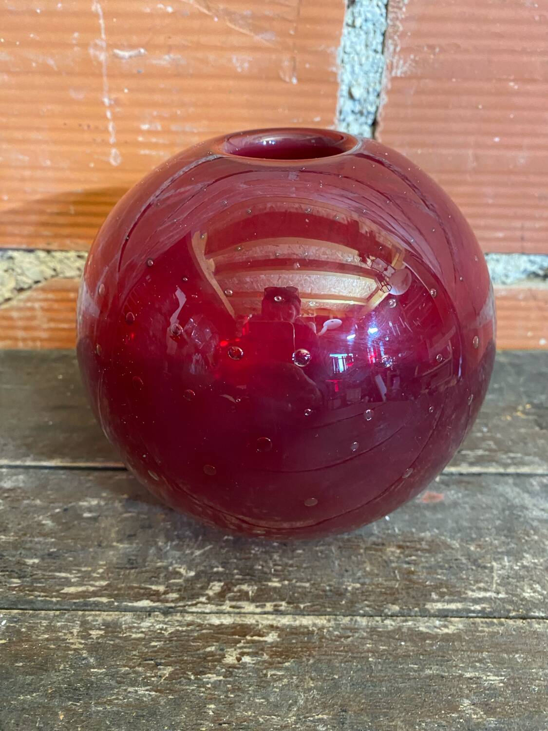 Vintage 1970s Murano Red Bubble Glass Ball Vase Soliflore
