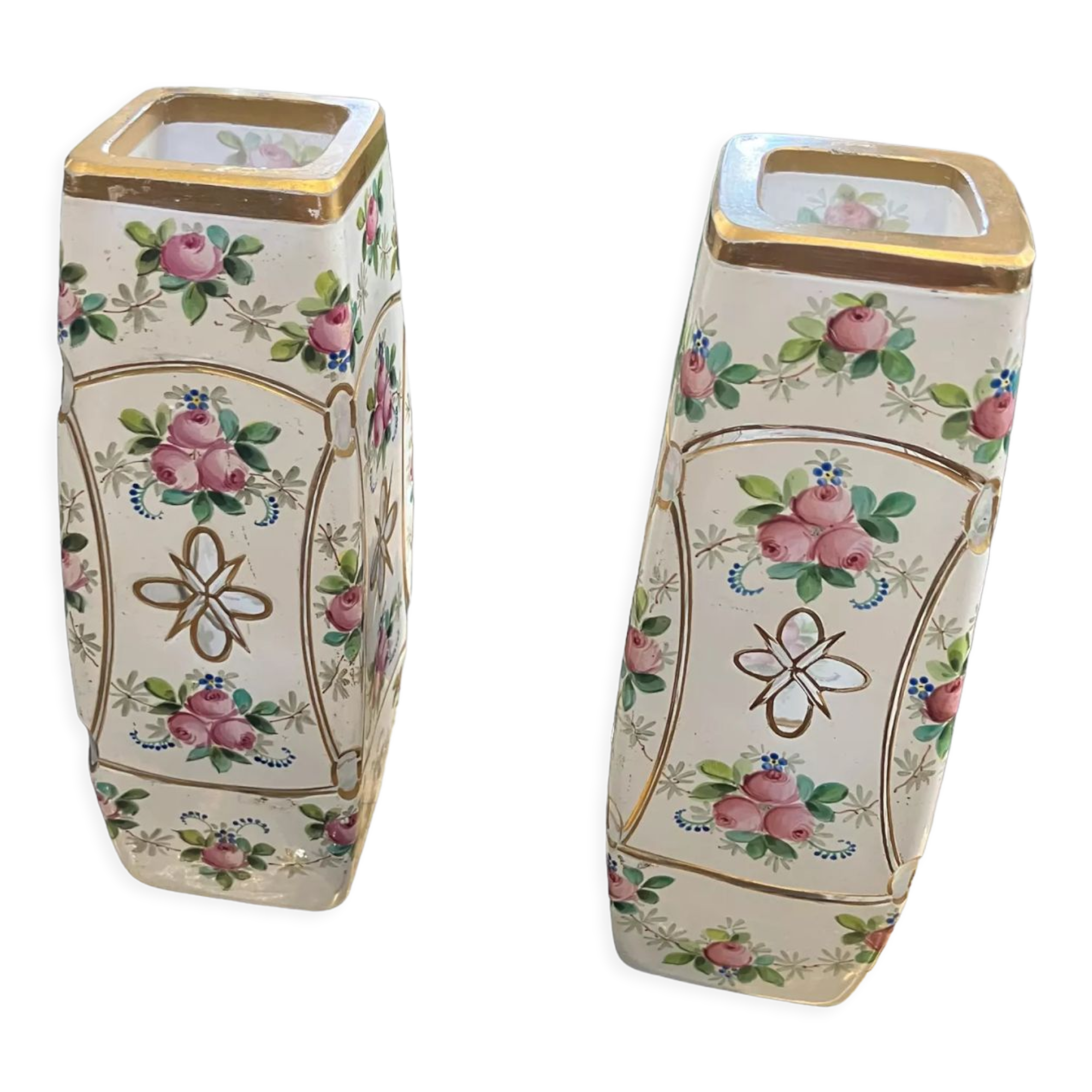 Pair of vases in enamelled and gilded crystal Rose motifs