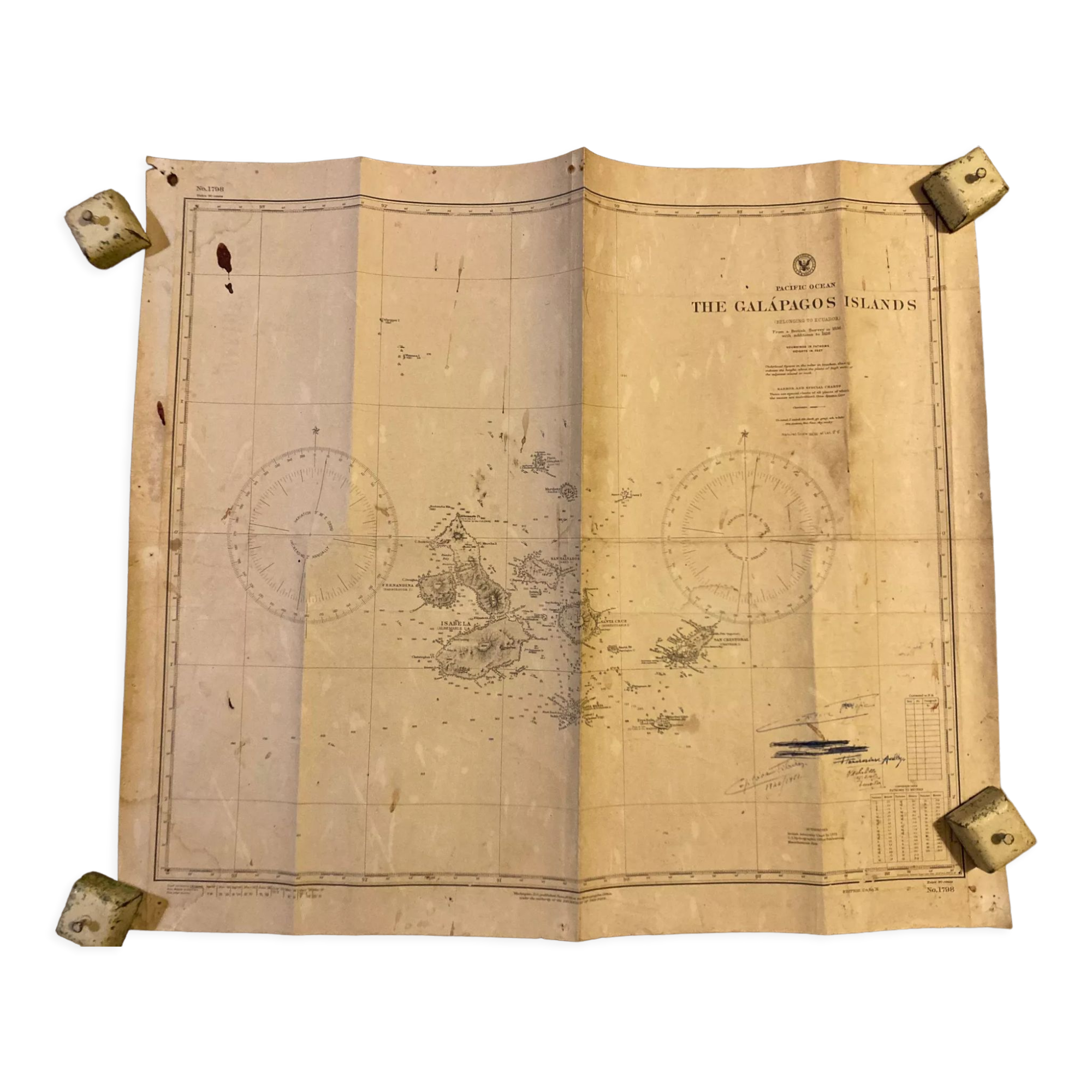 Old Galapagos maritime map with signature of the hydrographic US Navy captains