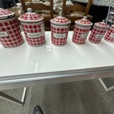 red and white checkerboard enameled tin spice pots BB