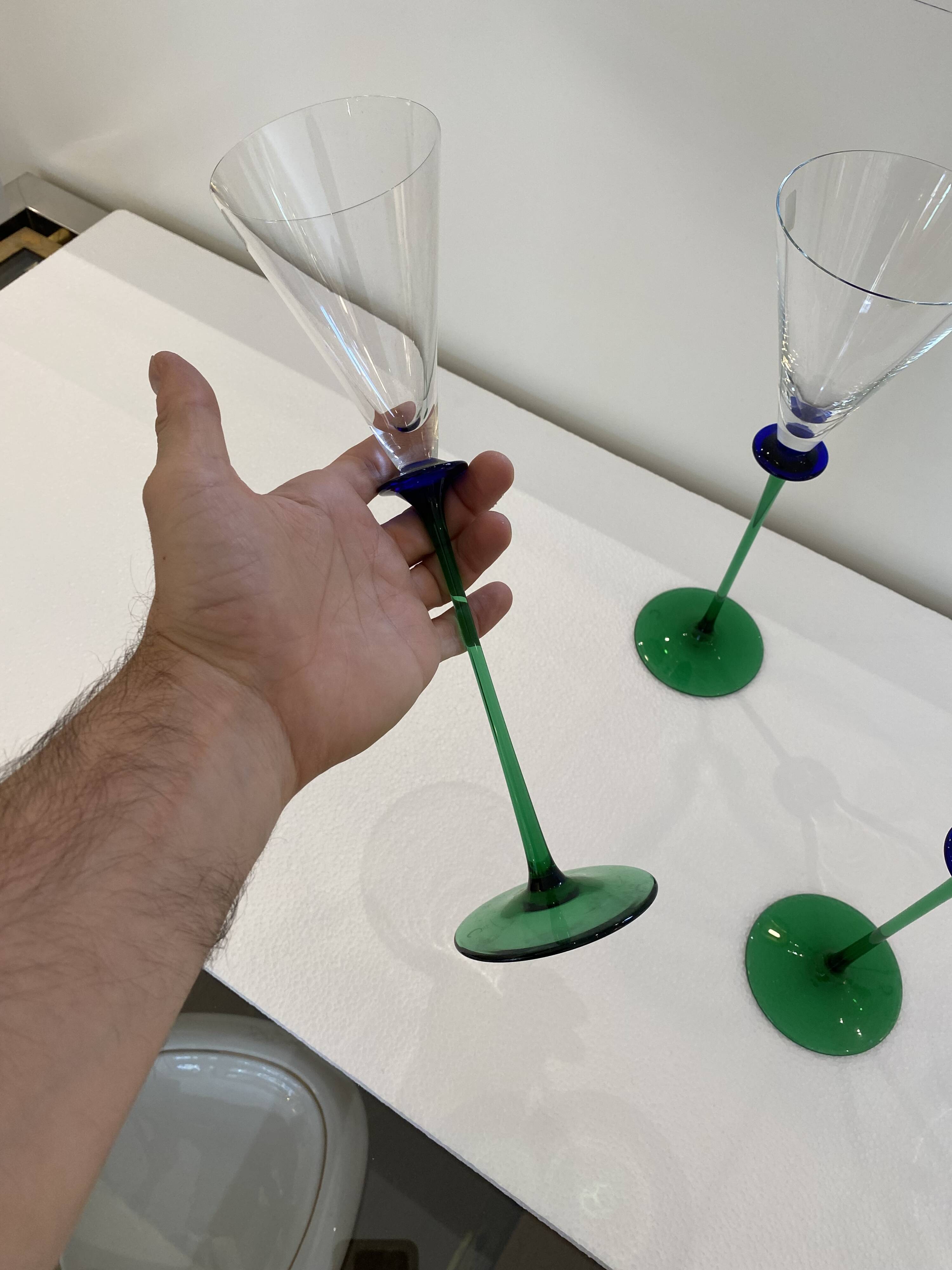 A Set of 6 Hand-blown Emerald Green Cobalt Blue Stem Champagne Flutes Art