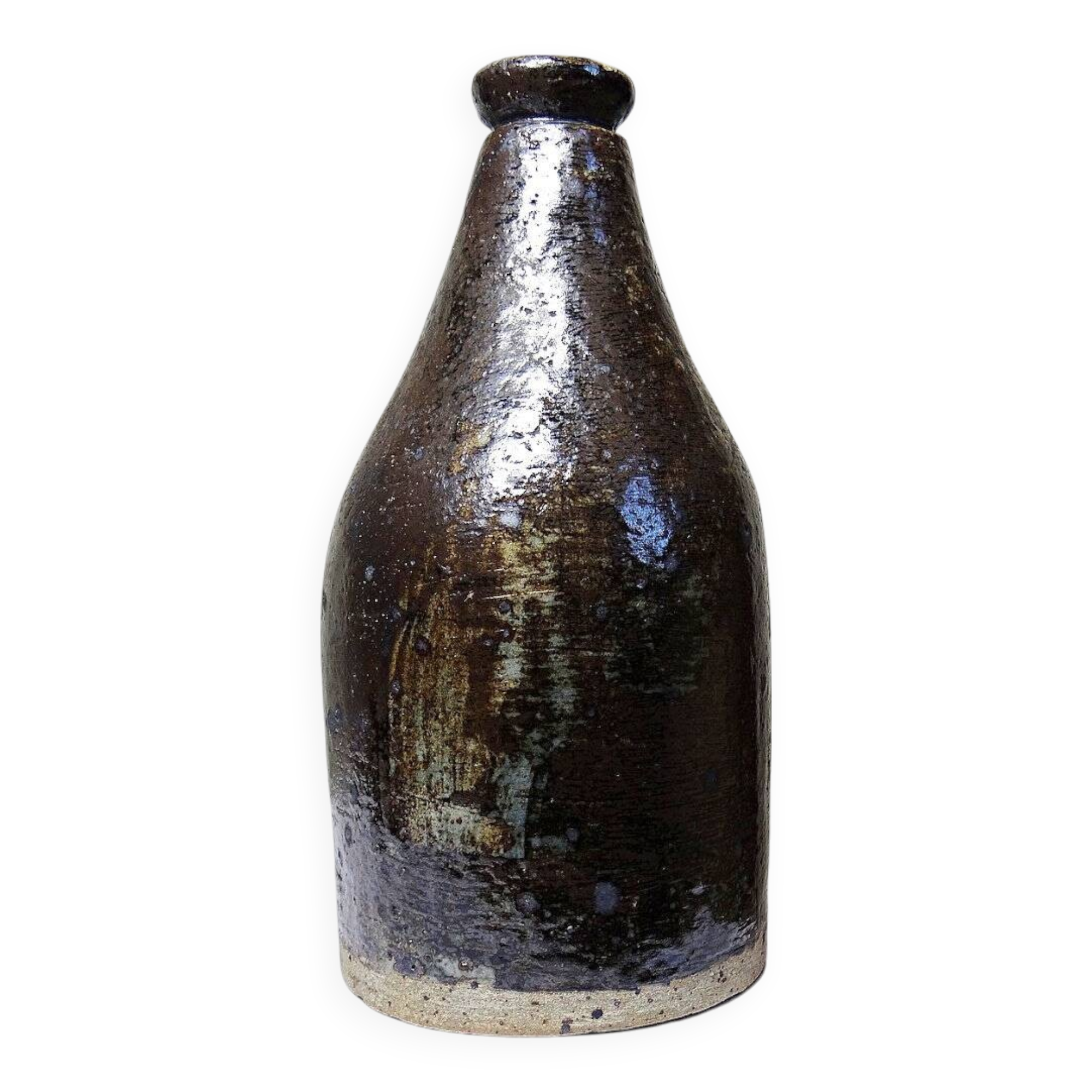 Bouteille en grès pyrité émaillé vintage artisanale signée Jean Lamy