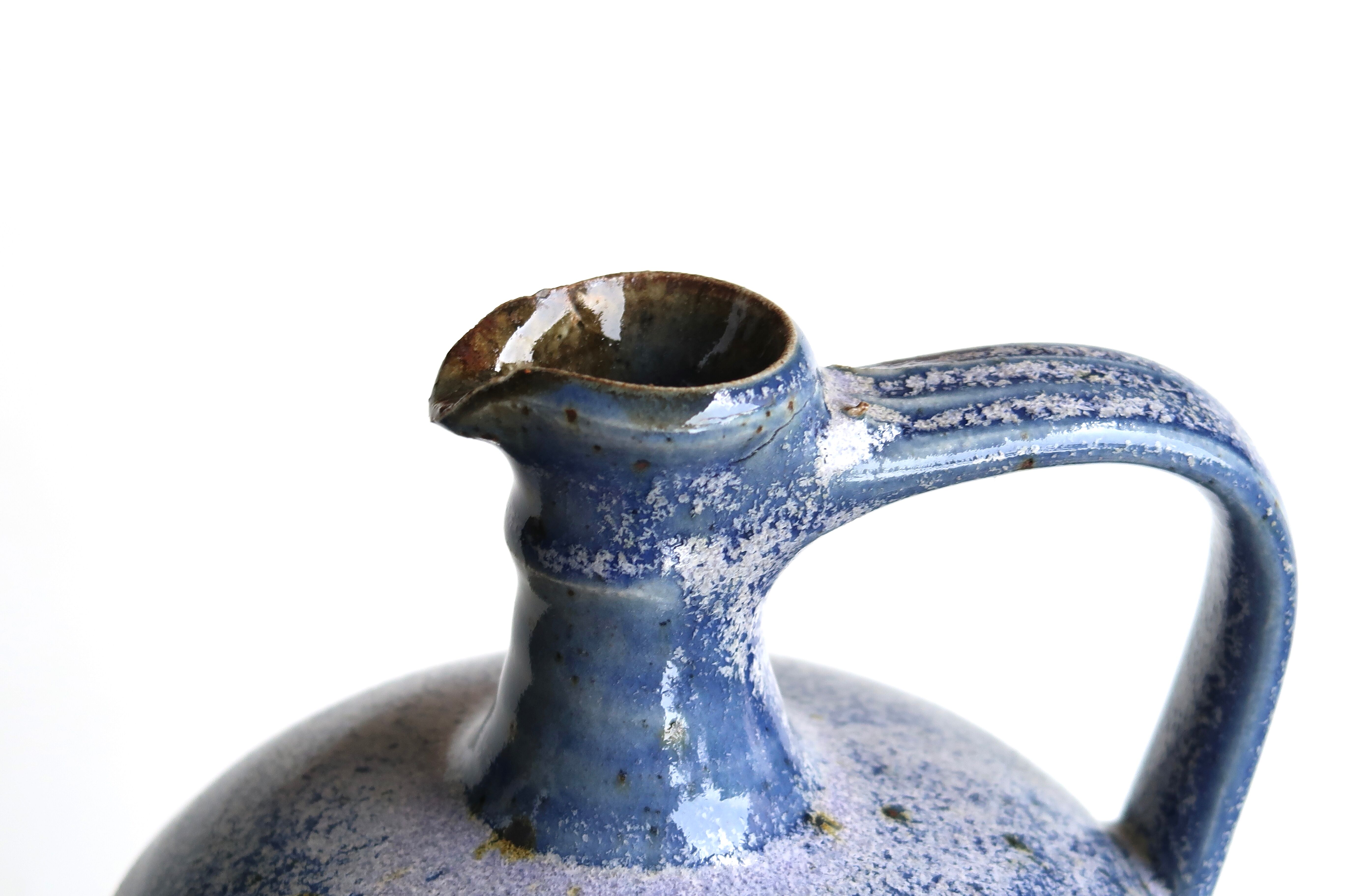 Blue handle jar in signed sandstone, La Borne, 60s