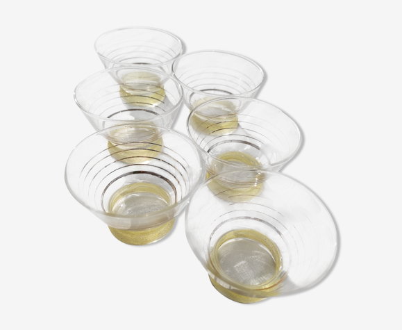 Lot de 6 verres au pied jaune granité et filets dorés vers les années 50