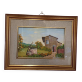 Tableau vintage signé – Paysage provençal au mas et au puits
