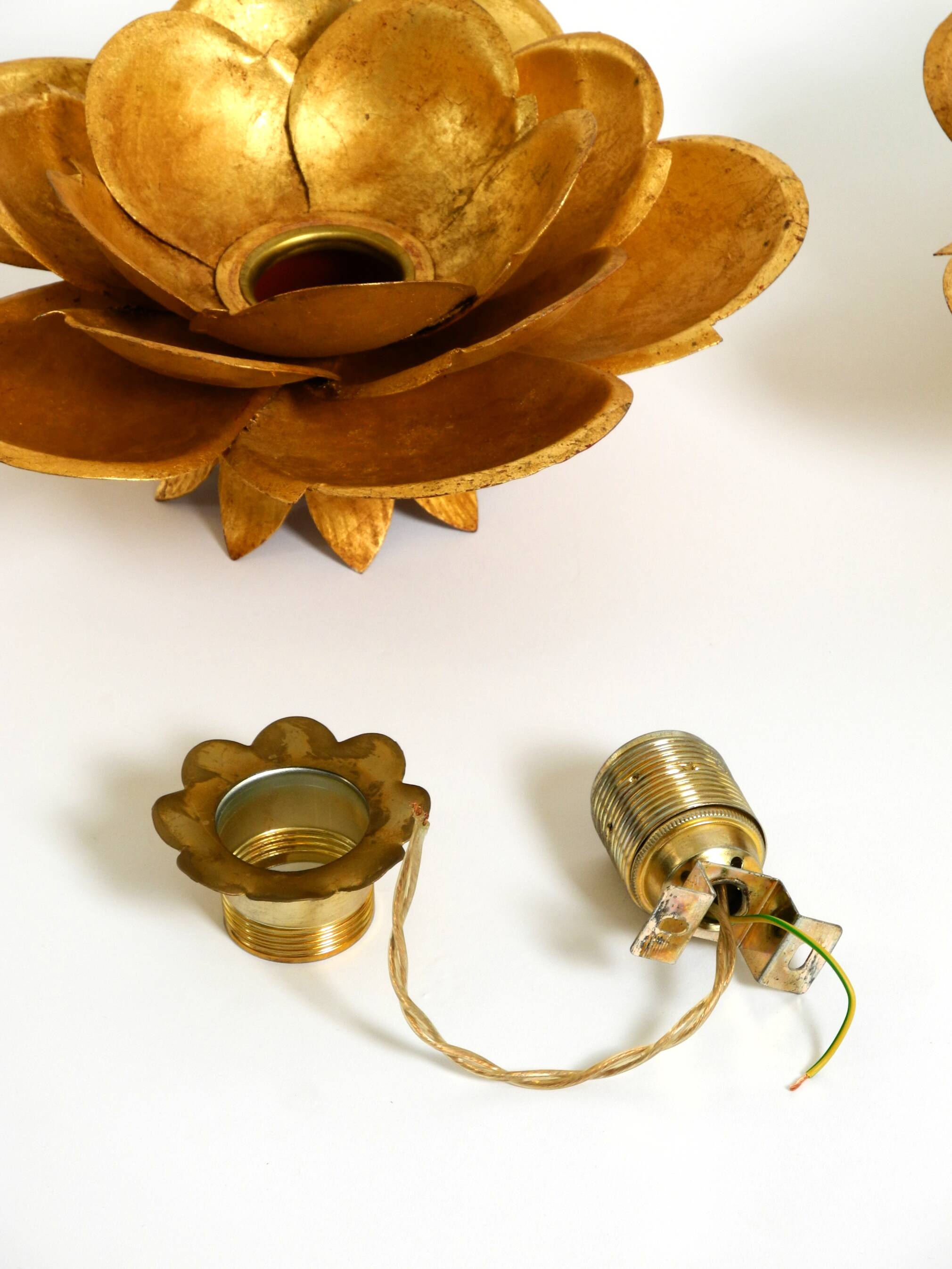 Two beautiful, large, gilt wall lamps, "Water Lily," Italy, 1960s