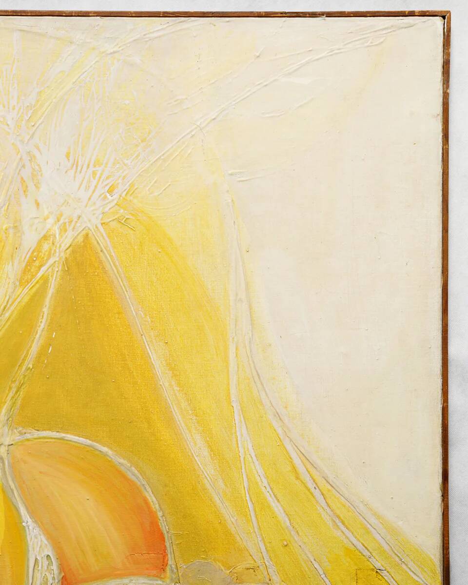 Vibrant mid-century oil painting Mount Fuji at sunset