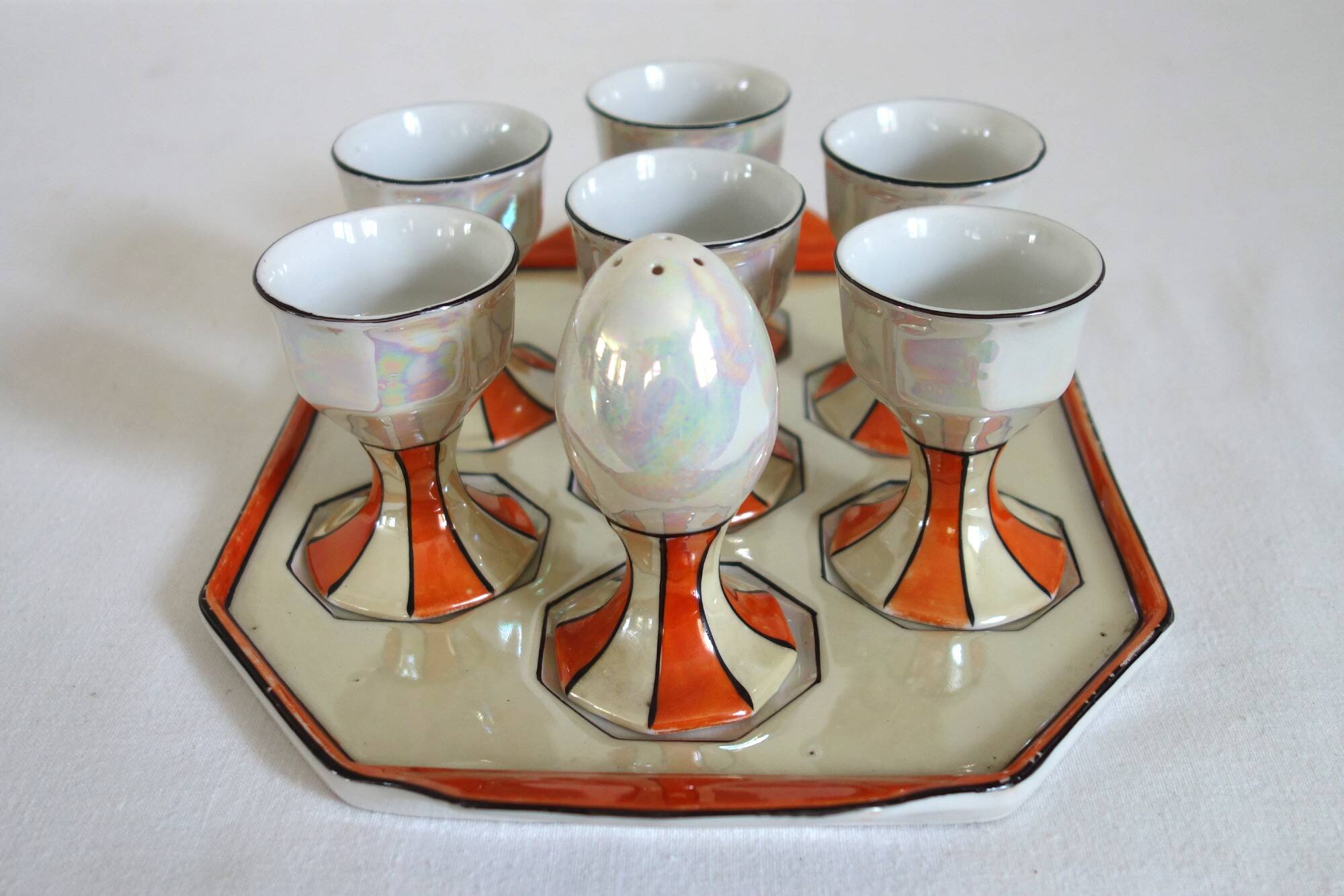 Vintage iridescent set of 6 egg cups, salt shaker, tray and pitchers