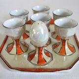 Vintage iridescent set of 6 egg cups, salt shaker, tray and pitchers