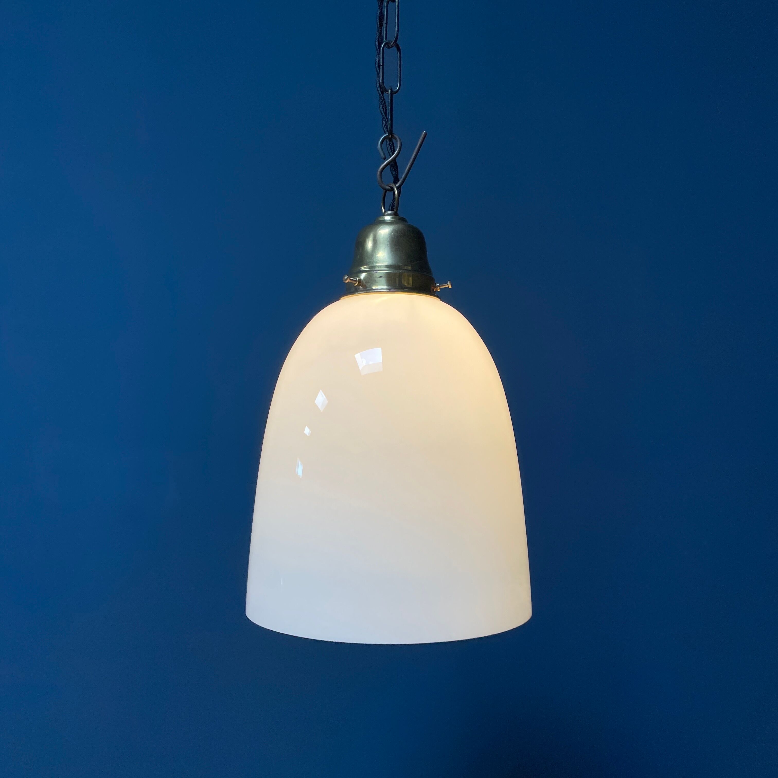 High opaline glass pendant lamp with brass fixture