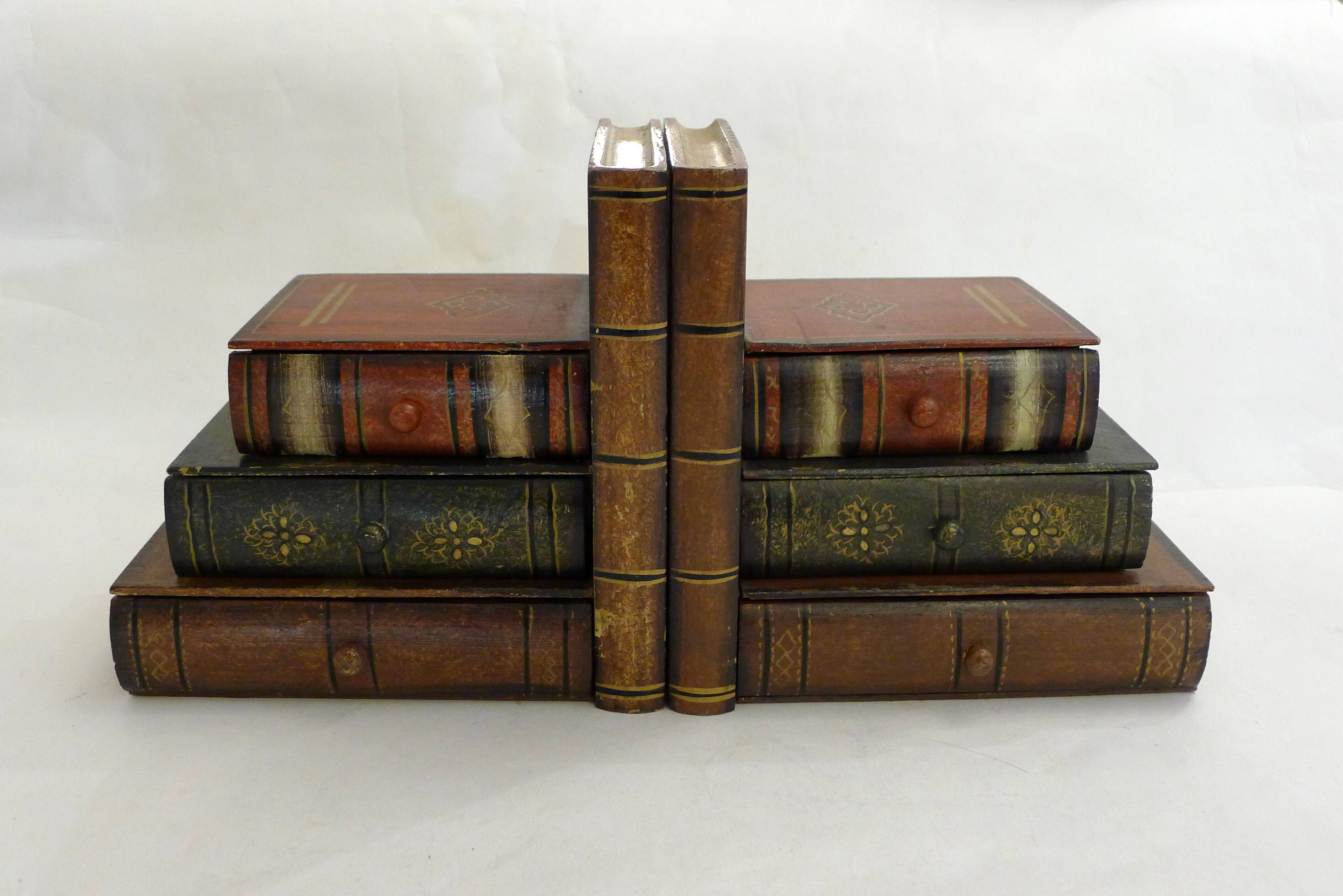 Pair of bookends (& secret boxes) in trompe l'oeil Stacked books