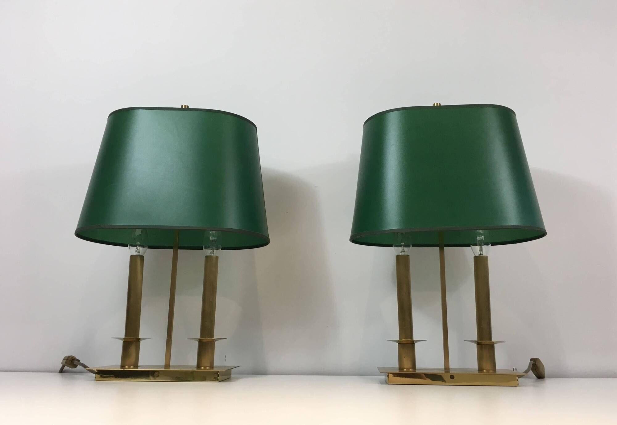 Pair of Two-Light Table Lamps in Brass with Green Shades. Work F