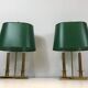 Pair of Two-Light Table Lamps in Brass with Green Shades. Work F