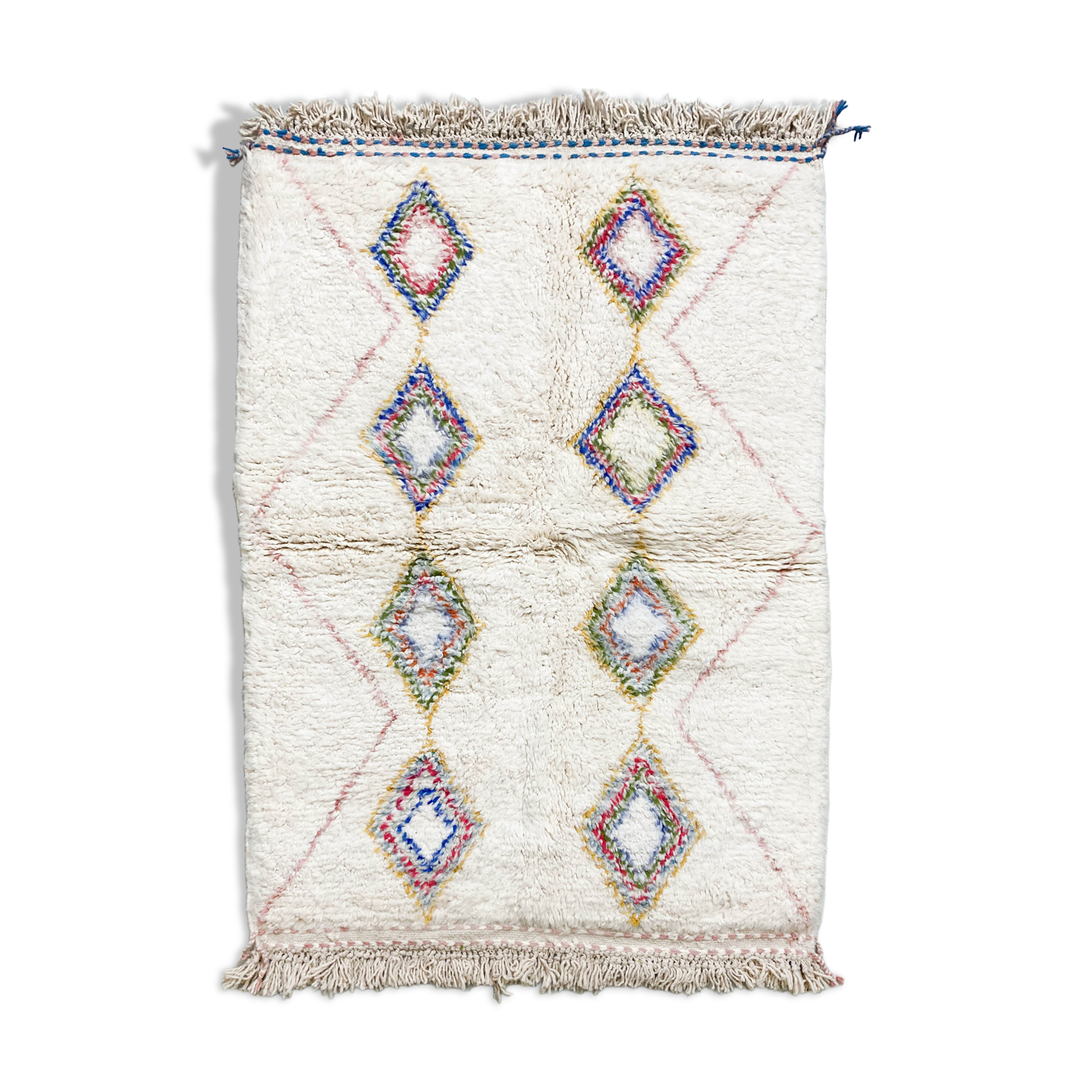 Tapis berbère marocain azilal écru à losanges colorés 195x132cm