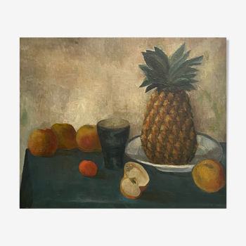 Painting old still life with pineapple twentieth