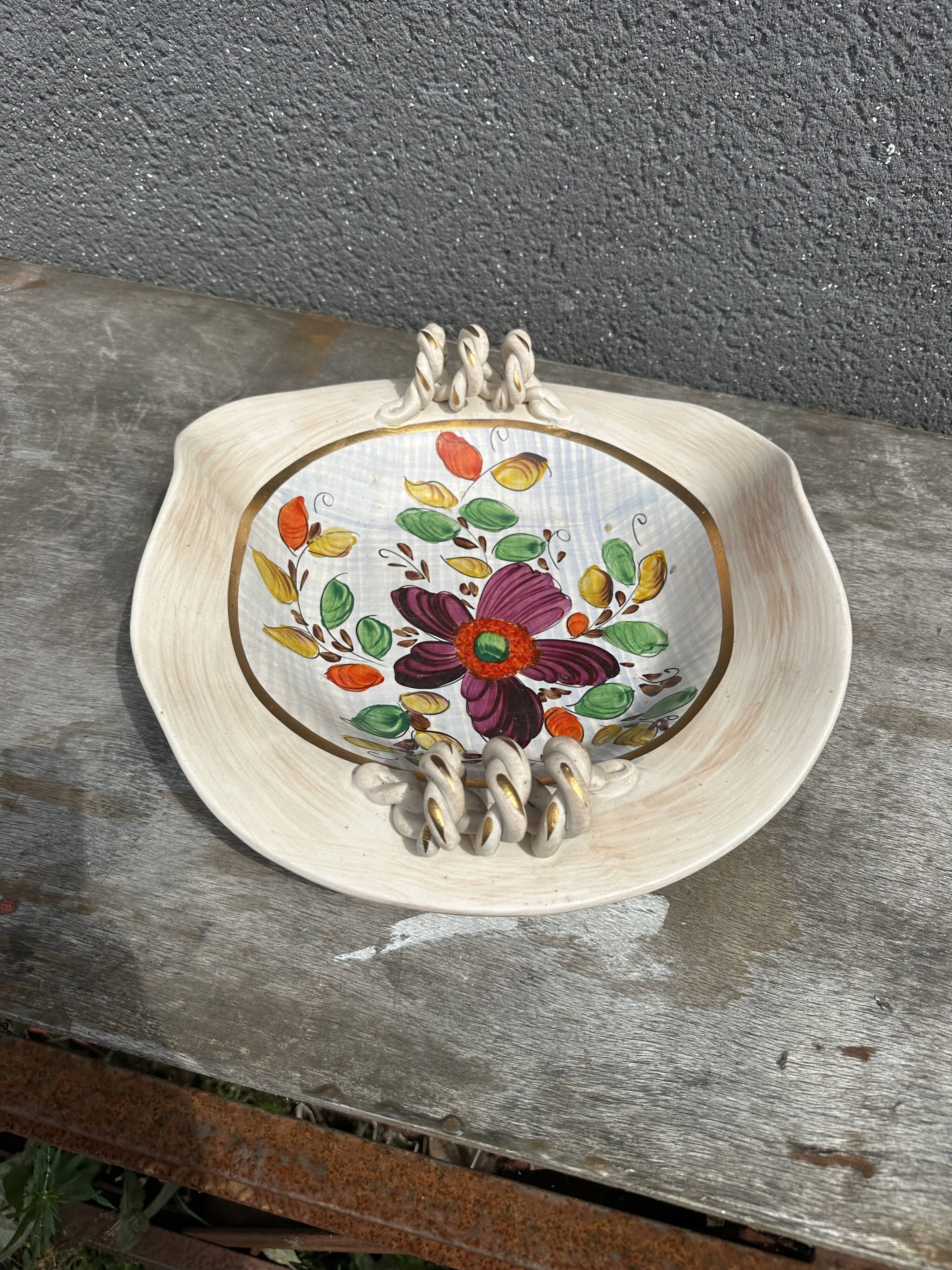 Painted ceramic fruit basket woven by Hubert Becquet, Quaregnon.