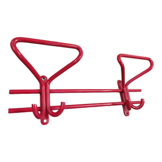 Wall-mounted cloakroom coat rack red lacquered steel tail vintage hooks 80s
