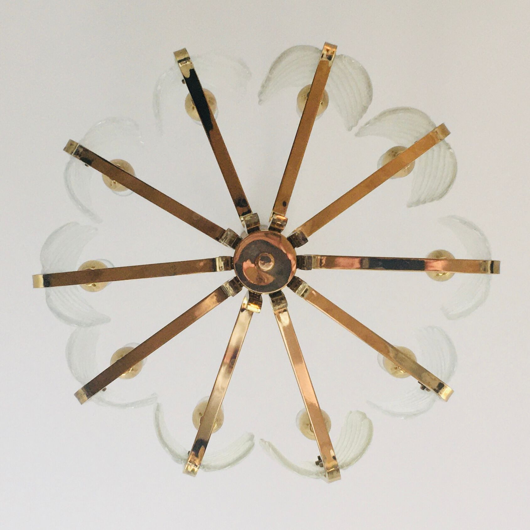 Scandinavian Brass Chandelier with 10 Glass Leaves by Carl Fagerlund for Orrefors, Sweden, 1960s
