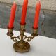 Old chiseled brass chandelier, 3 candlesticks, baroque floral pattern