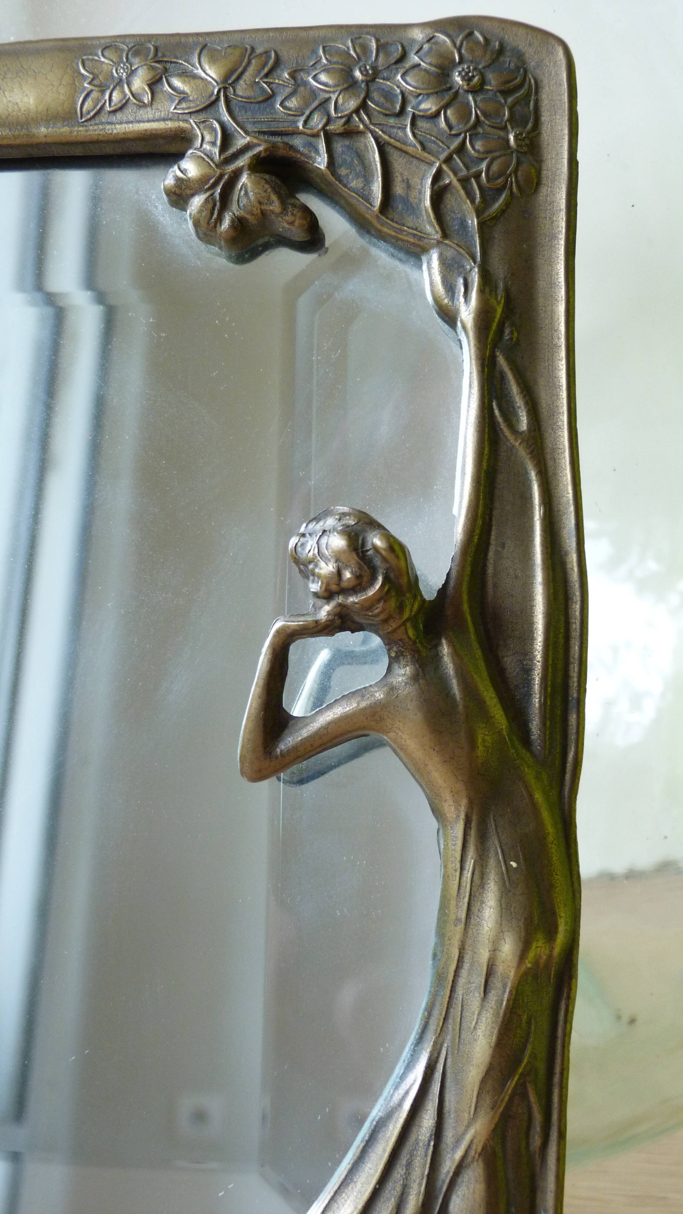 Mirror Art Nouveau 1900 gilded brass nymph decor 22,5 X 18cm