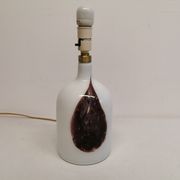 Older table lamp in milky white opaline glass with purple pattern / details from danish holmegaard.