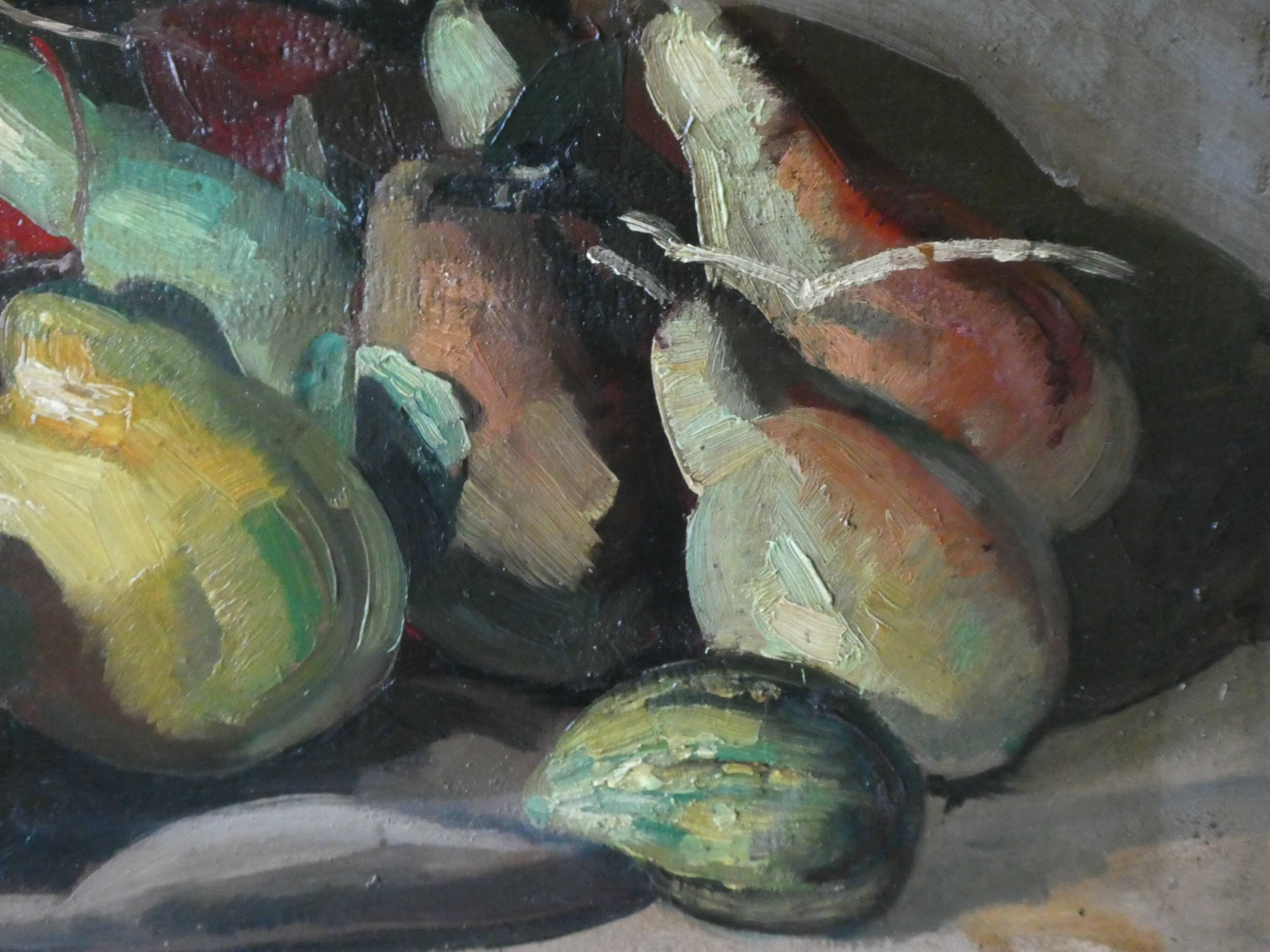 Oil on panel, still life with fruit, signed, 1930s