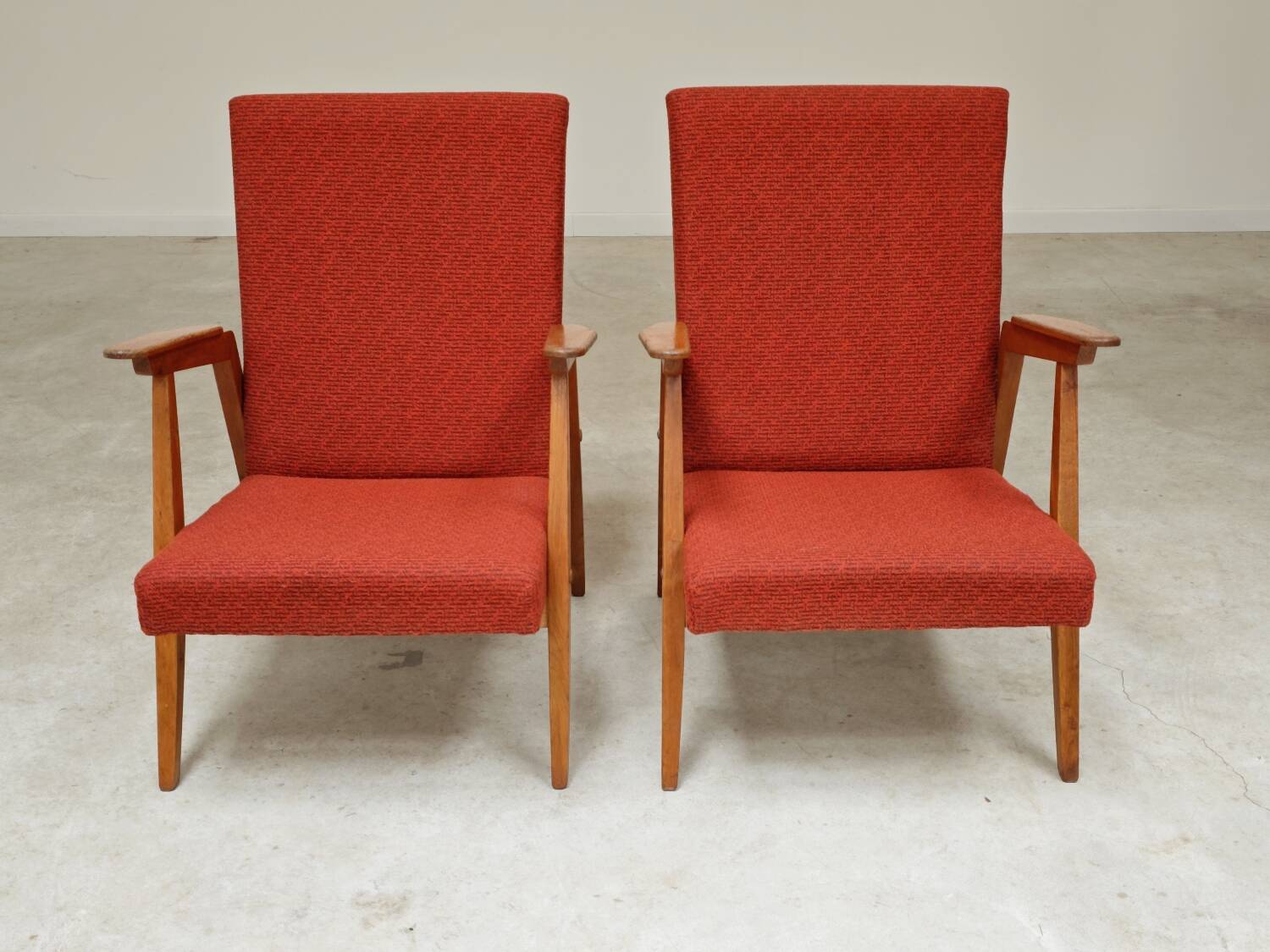 Pair of Uluv red Eastern Bloc armchairs, 1960s