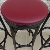 4 professional bistro stools with burgundy red imitation top in solid curved wood in the