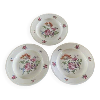 3 porcelain soup plates stamped Pillivuyt. Floral motifs.