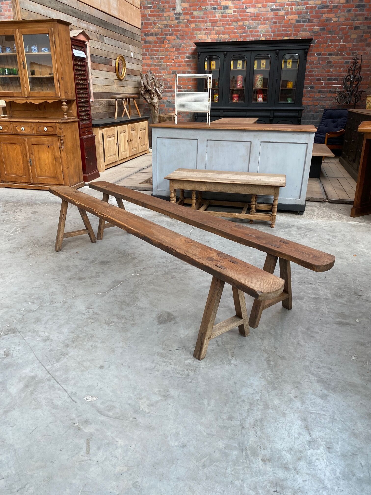 Pair of oak farm benches