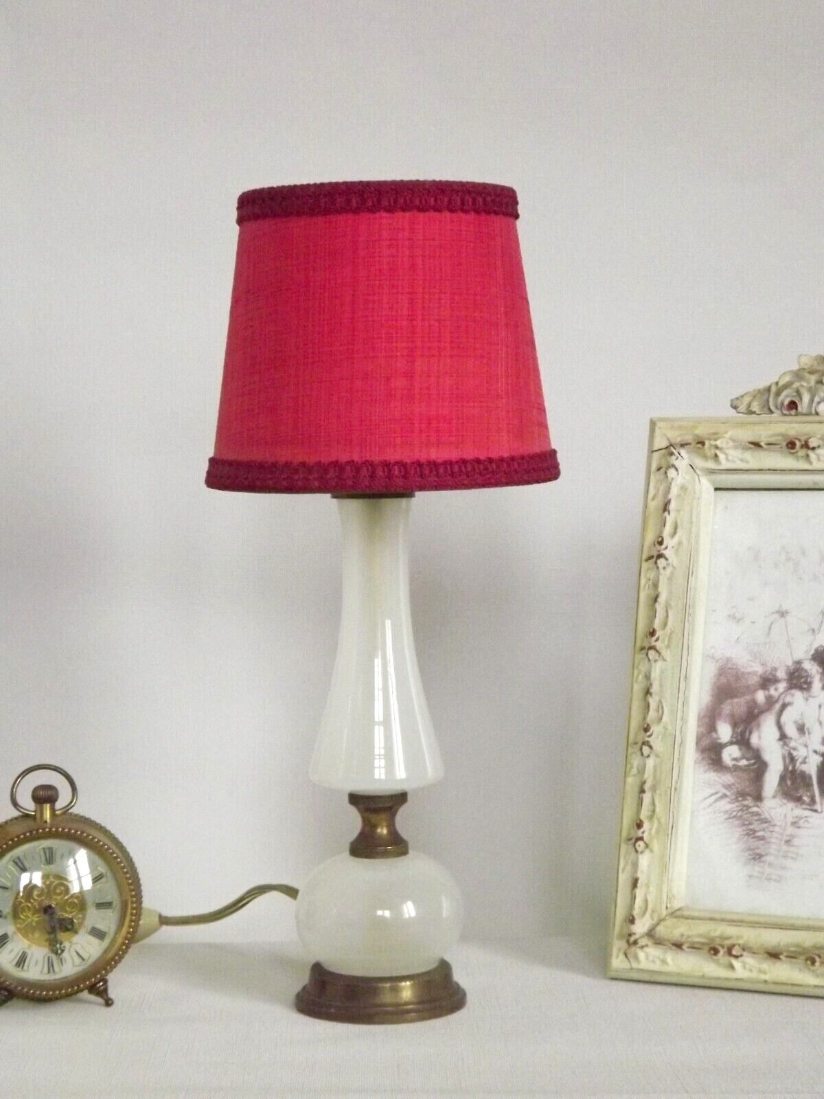 Brass & white glass table lamp red fabric shade