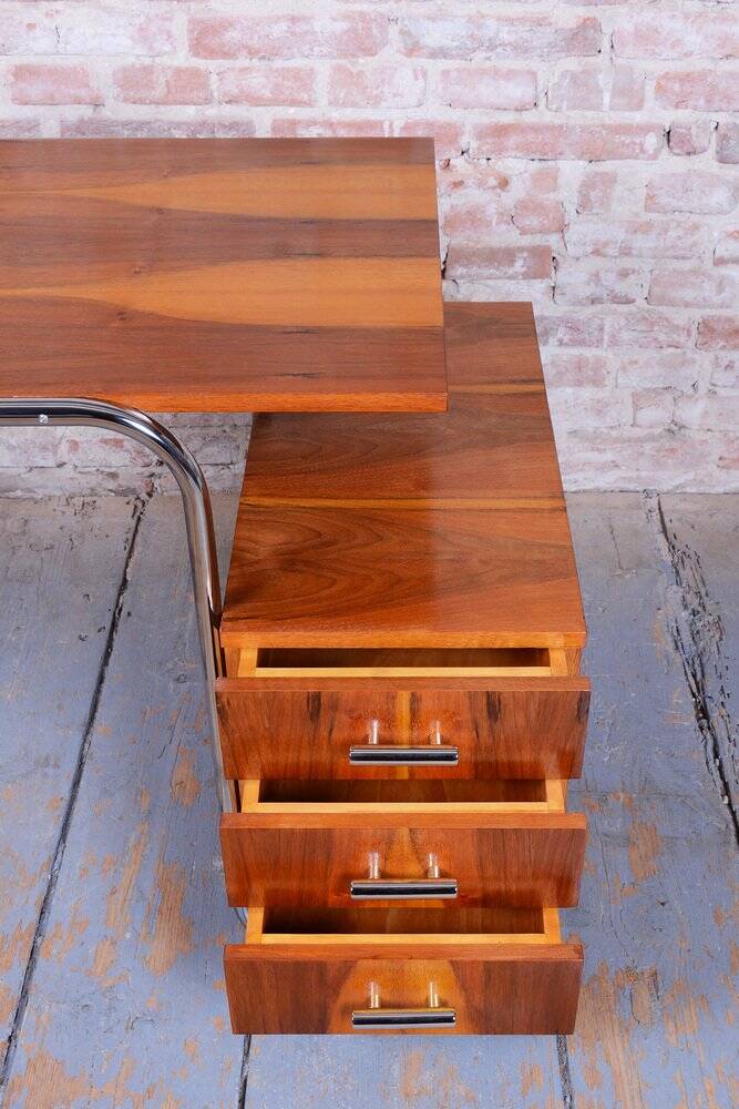 Czech Bauhaus Writing Desk in Walnut and Chrome attributed to Robert Slezak for Slezak Factories, 1940s