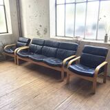 Danish Mathsson sofa + 2 armchairs in curved wood and leather