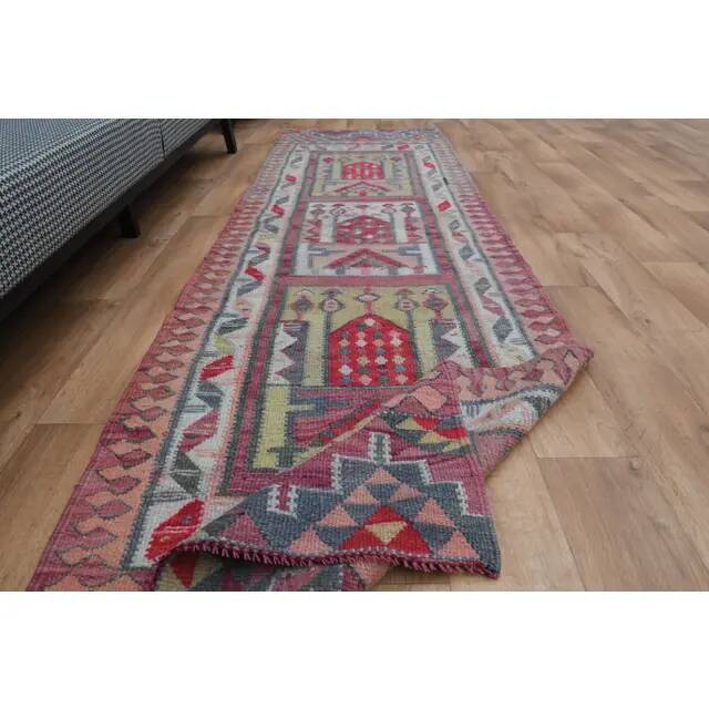 1970s Vintage Turkish Oushak Handmade Wool Cotton Pink Runner Rug 86x286