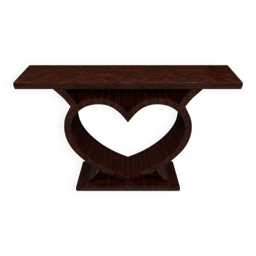 A Art Deco console in beech and rosewood in the shape of a heart.