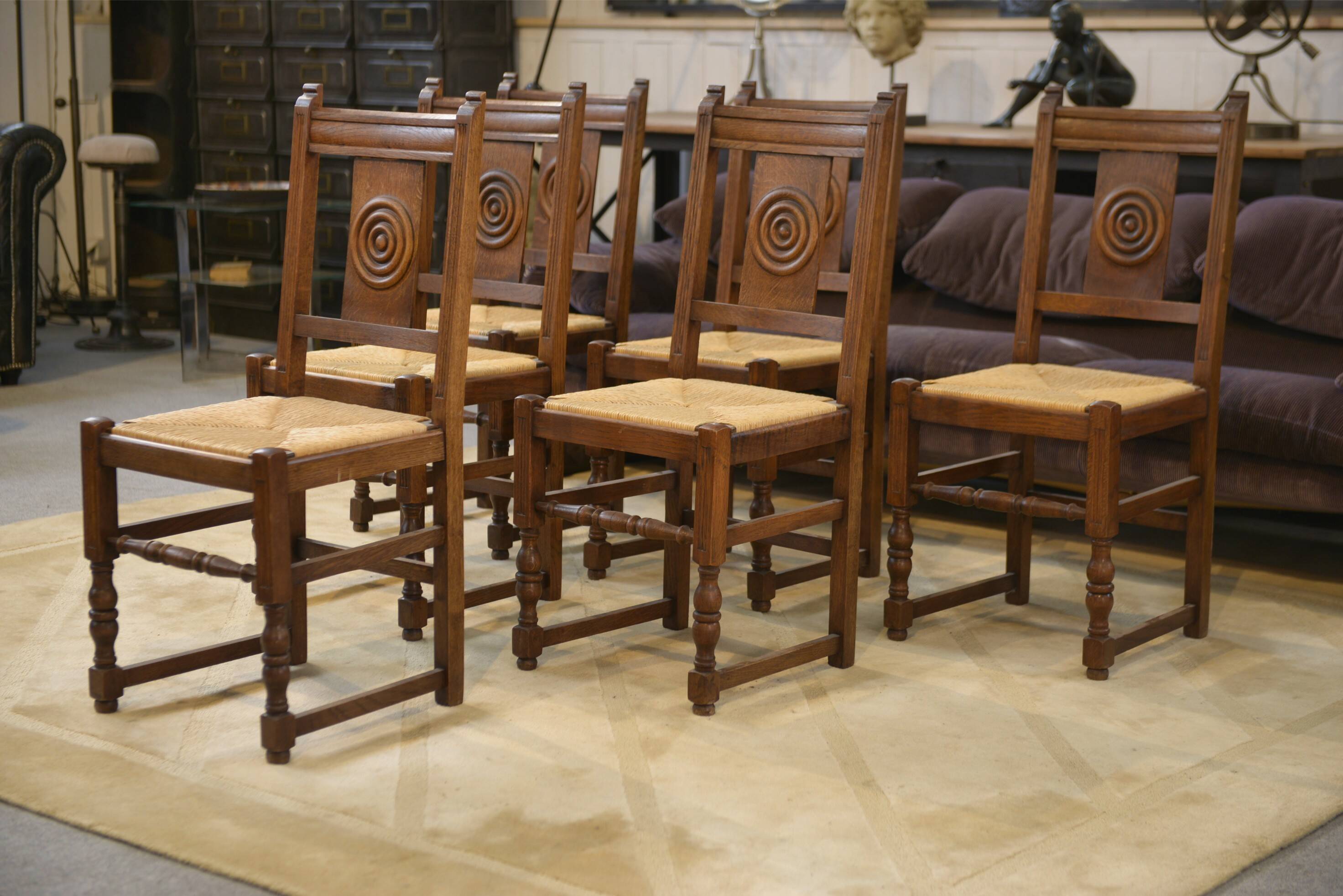 Set of 6 brutalist oak chairs from the 1950s.