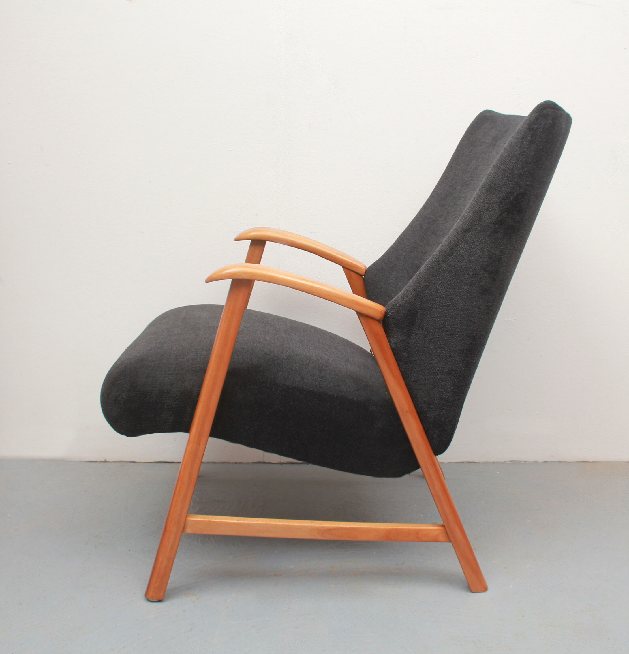 1950s armchair in anthracite velour, completly restored