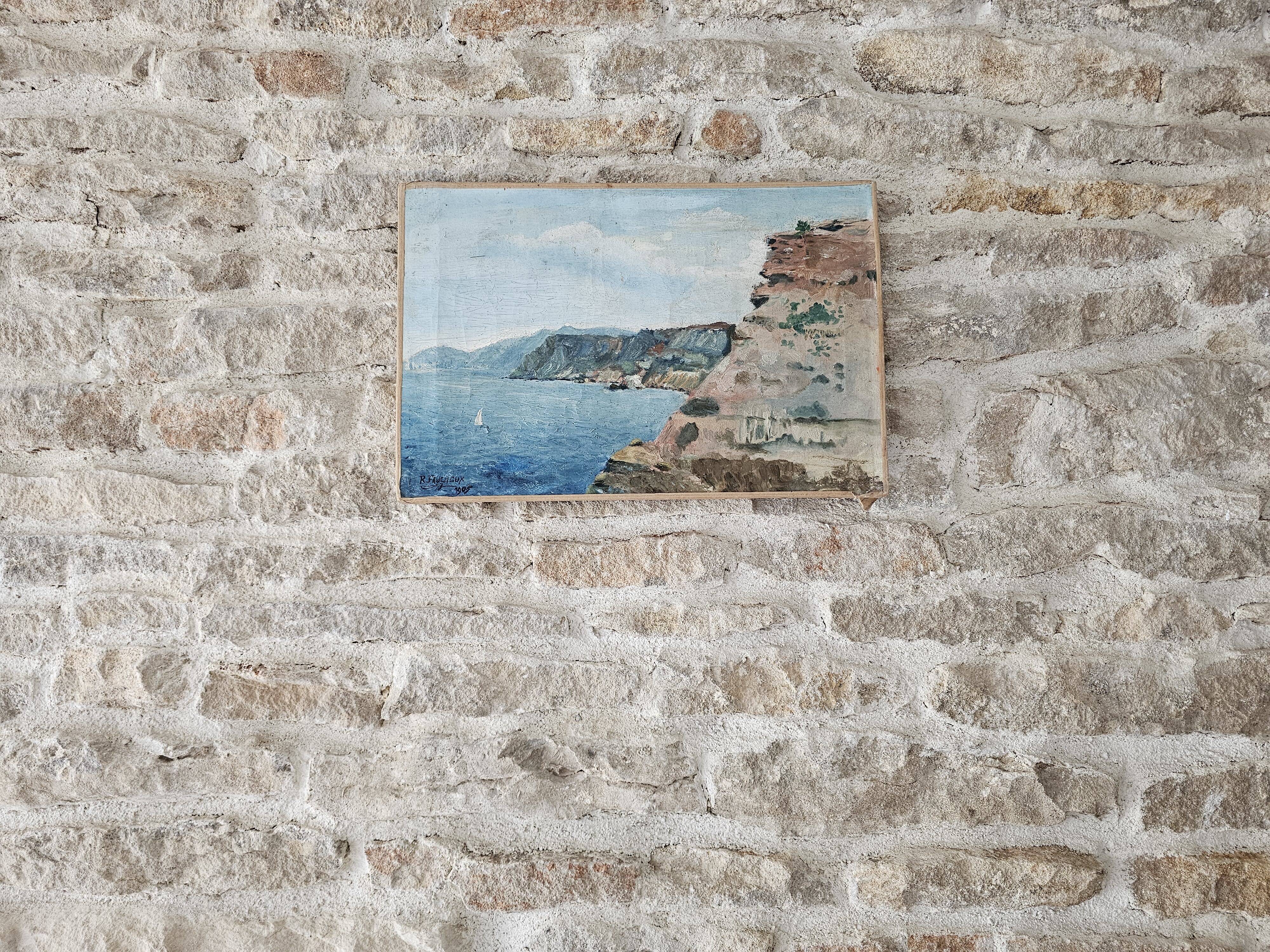 Set of 2 Oil Paintings on Canvas Marine Cliffs Signed R Faucheux 19