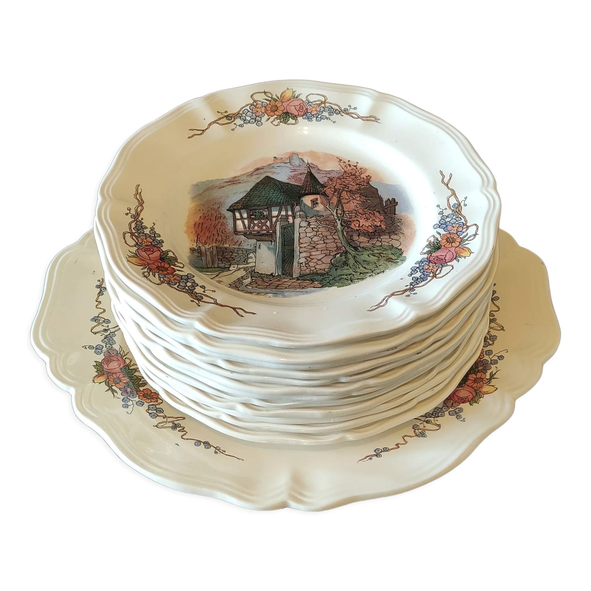 Service of 12 dessert plates and its serving dish - Obernai - Sarreguemines - Henry Loux