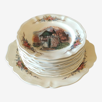 Service of 12 dessert plates and its serving dish - Obernai - Sarreguemines - Henry Loux