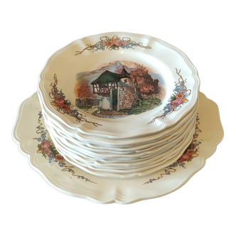 Service of 12 dessert plates and its serving dish - Obernai - Sarreguemines - Henry Loux