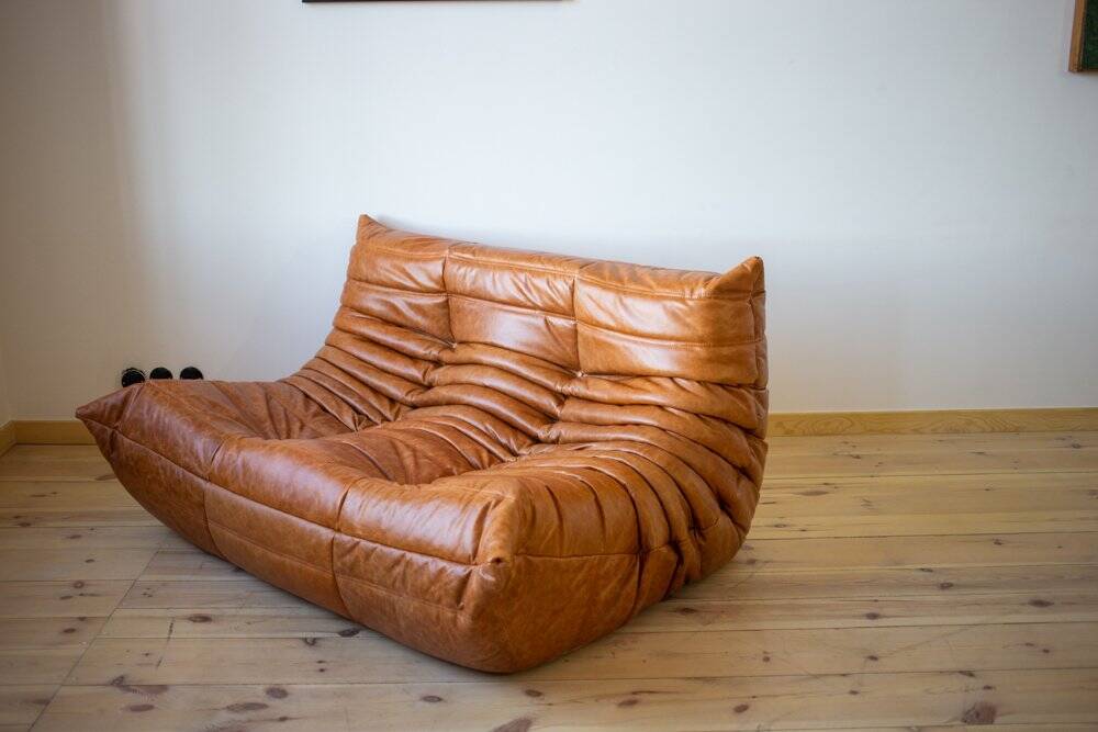 Pine leather Togo living room set attributed to Michel Ducaroy for Ligne Roset, 1979, set of 5