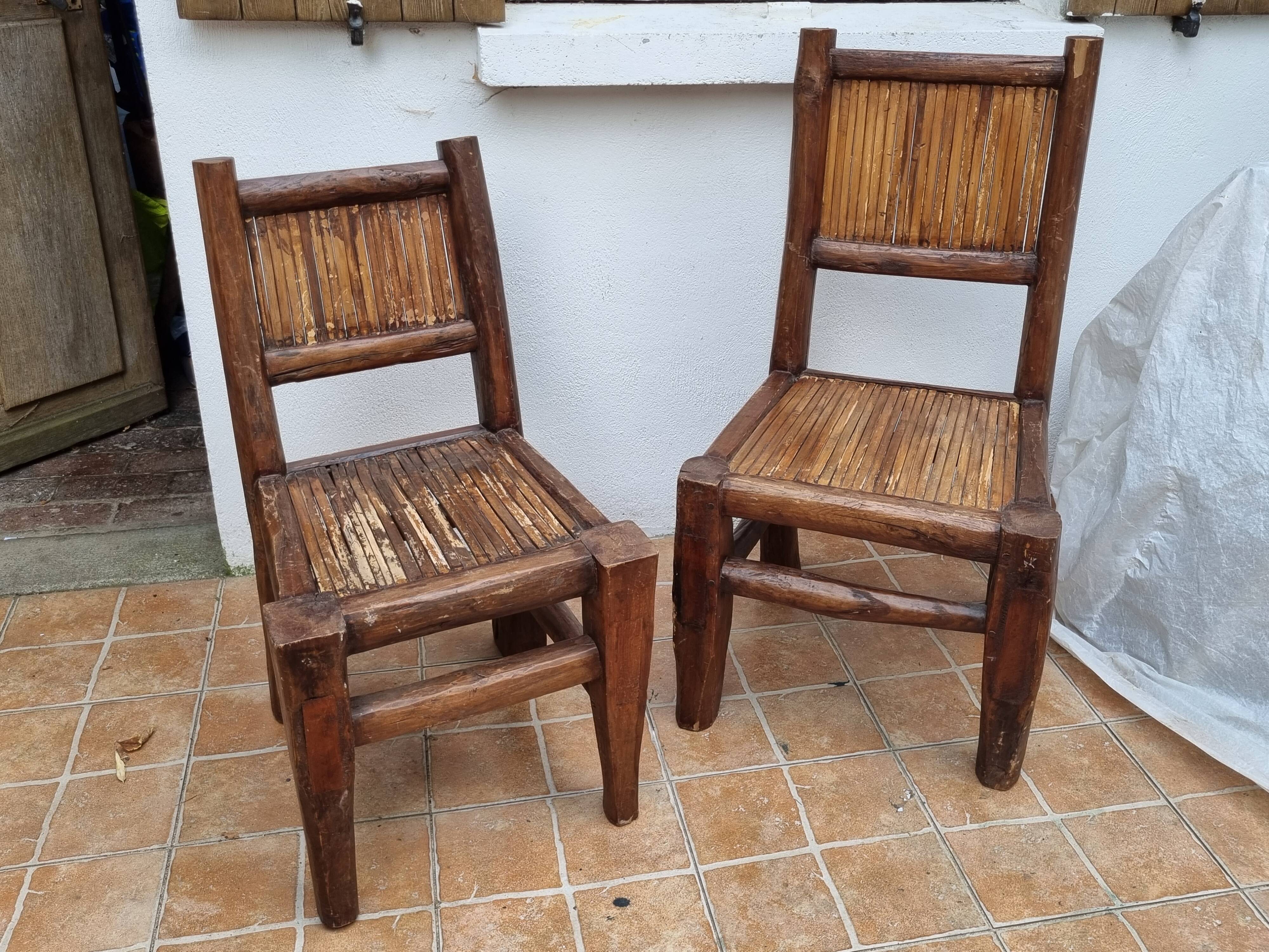 Pair of solid wood and bamboo chairs, brutalist style, 90 cm