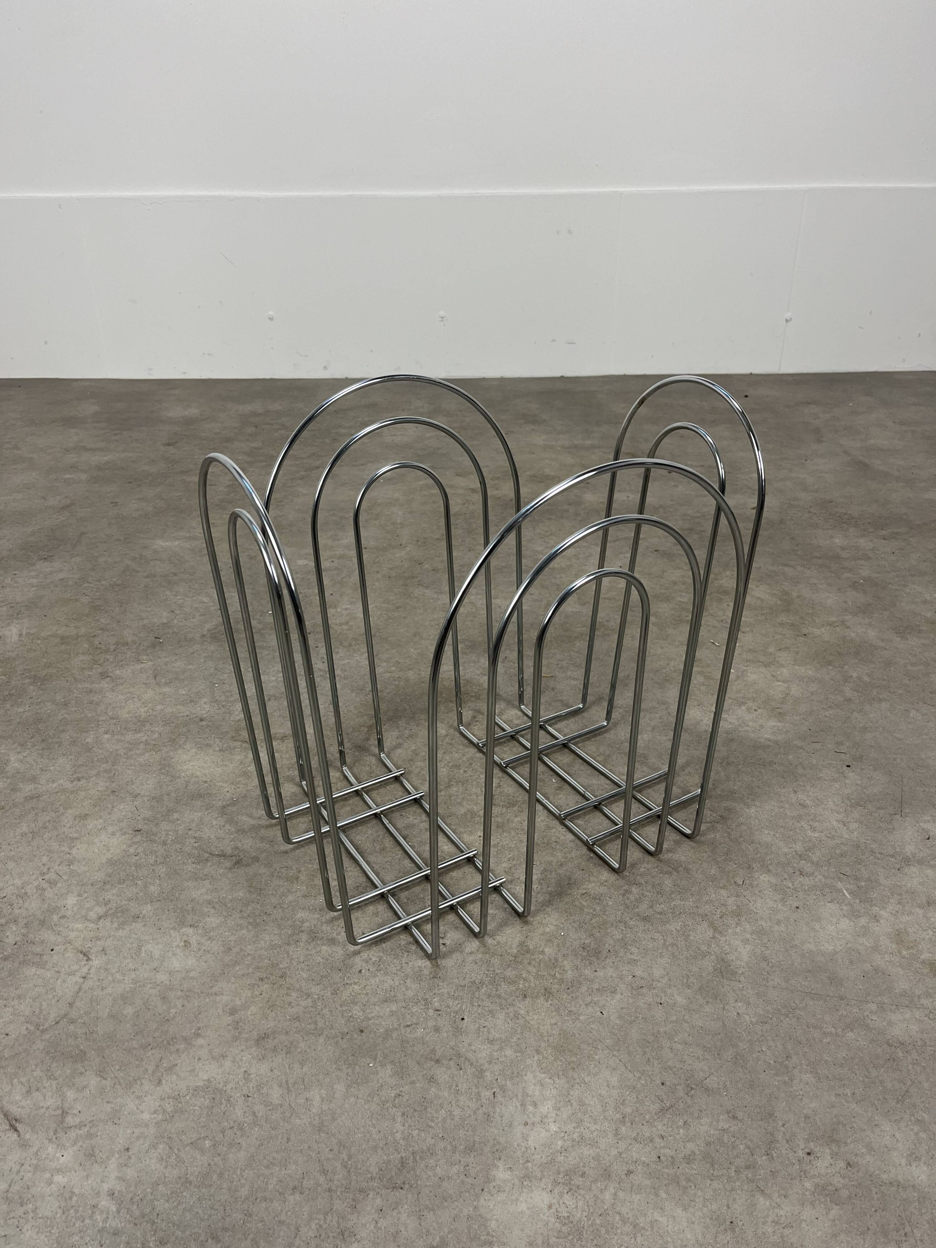 Postmodern magazine rack 80s chrome metal vintage memphis