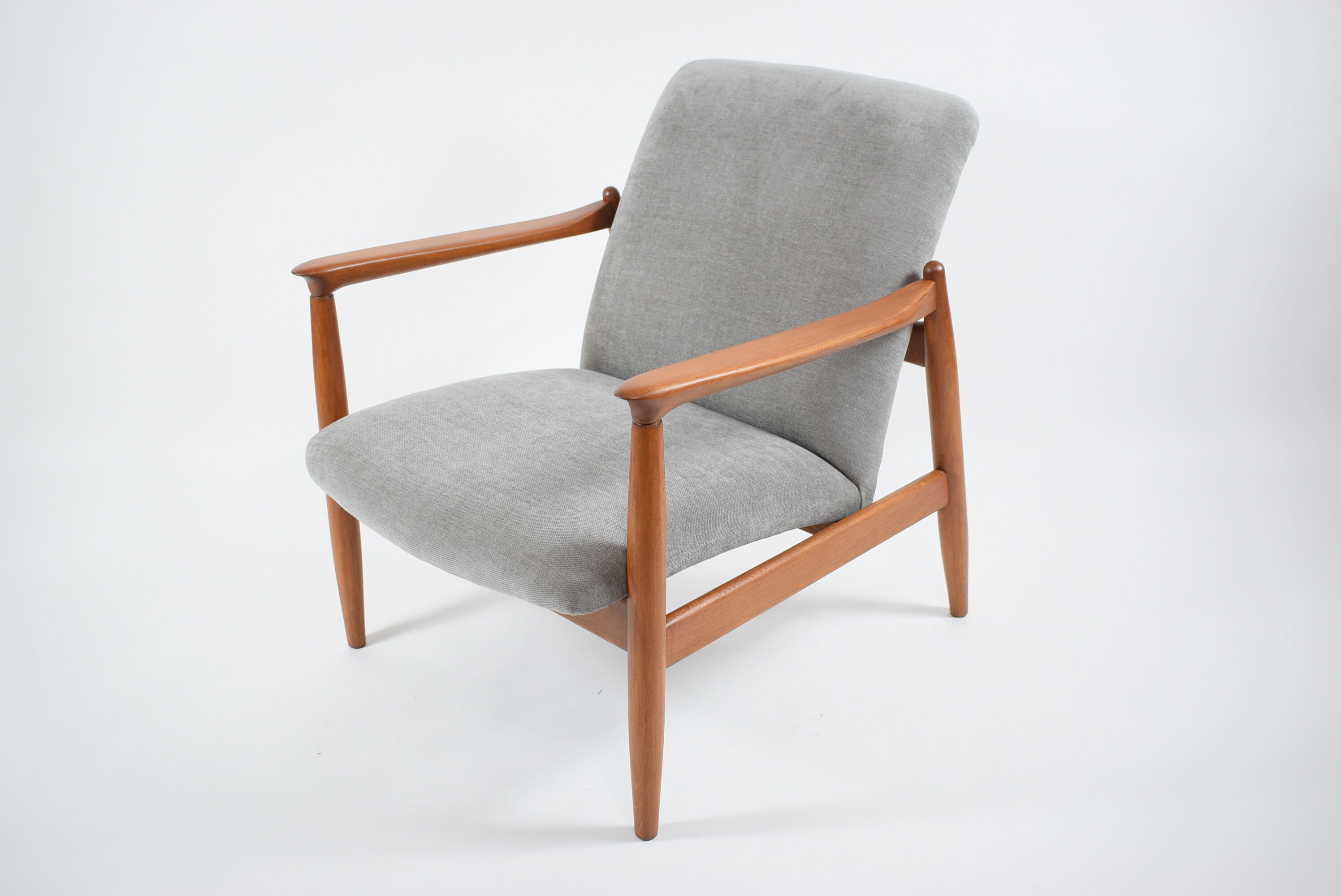 Original restored vintage armchair, designer E. Homma, grey fabric