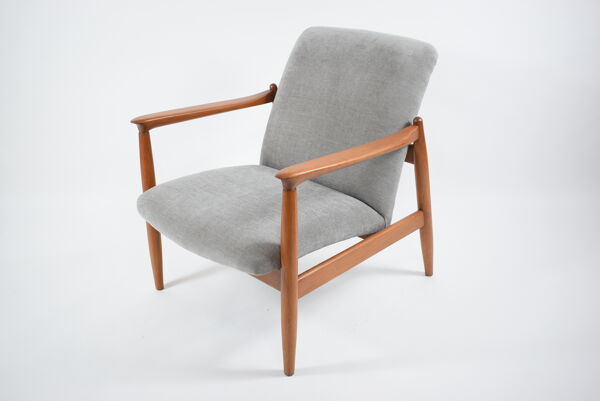 Fauteuil vintage restauré d’origine designer E. Homma, tissu gris