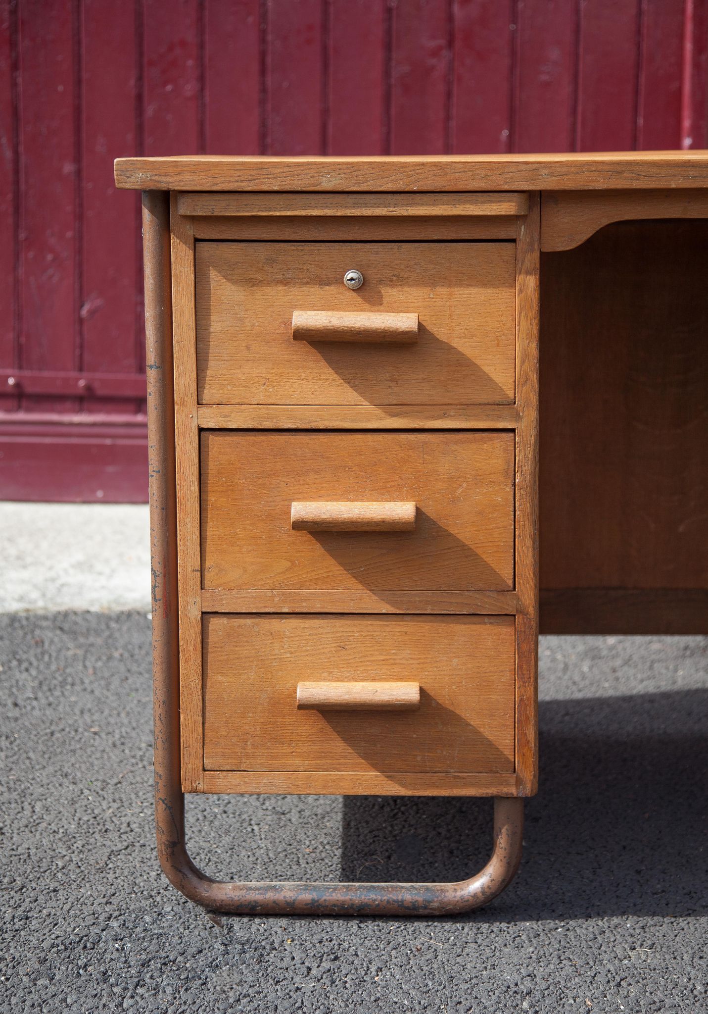 Old desk, wooden desk, school desk, desk with drawers and tablet, 50s