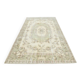 Tapis Vintage Beige et Vert Sauge Motifs Floraux Médaillon, 187x305 Cm