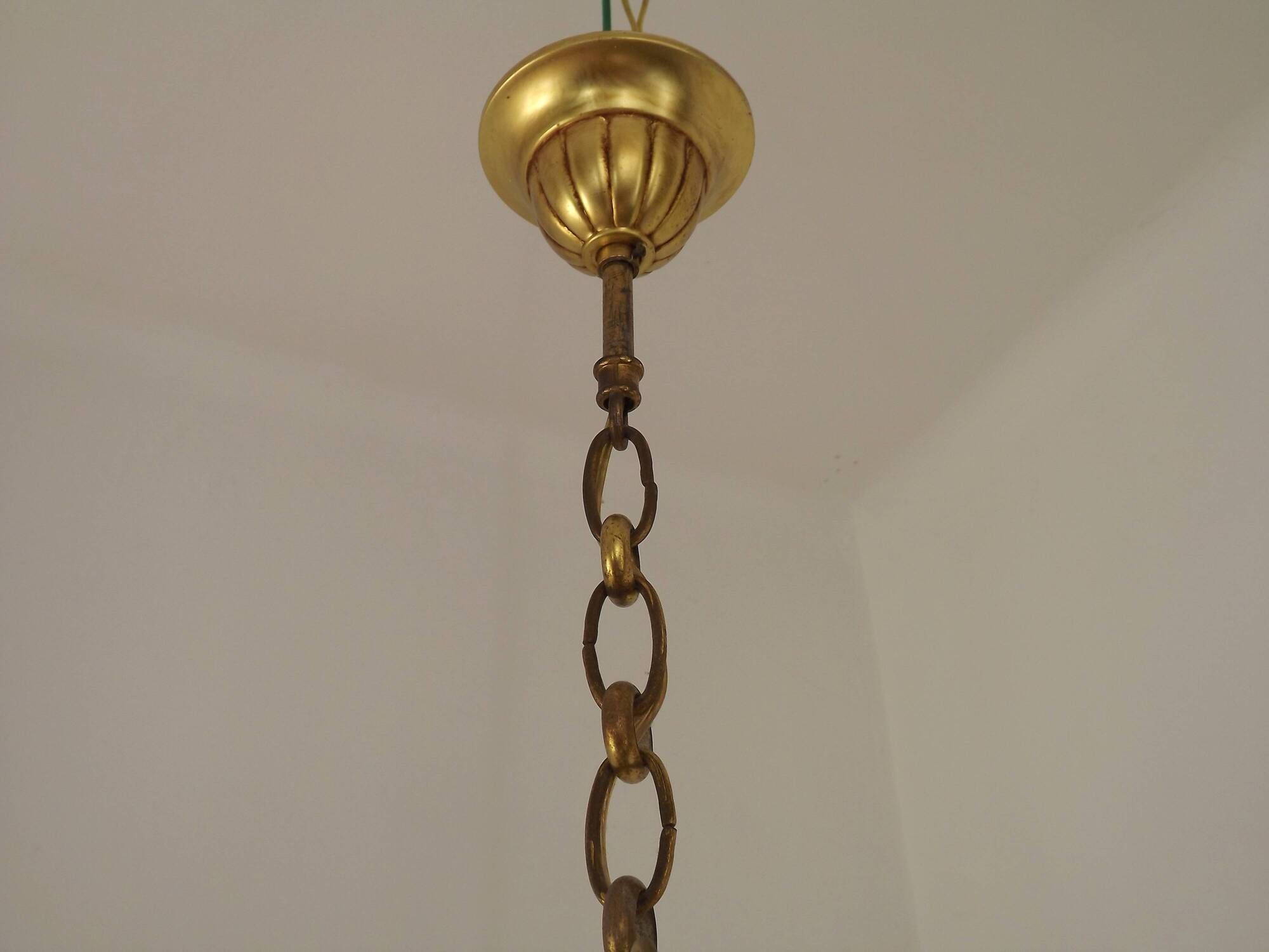 French gilt bronze three-light cage chandelier with pink and clear beaded swags.
