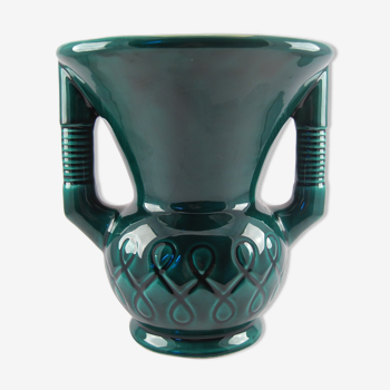 Vase à deux anses en faïence émaillée verte, Vallauris 1950